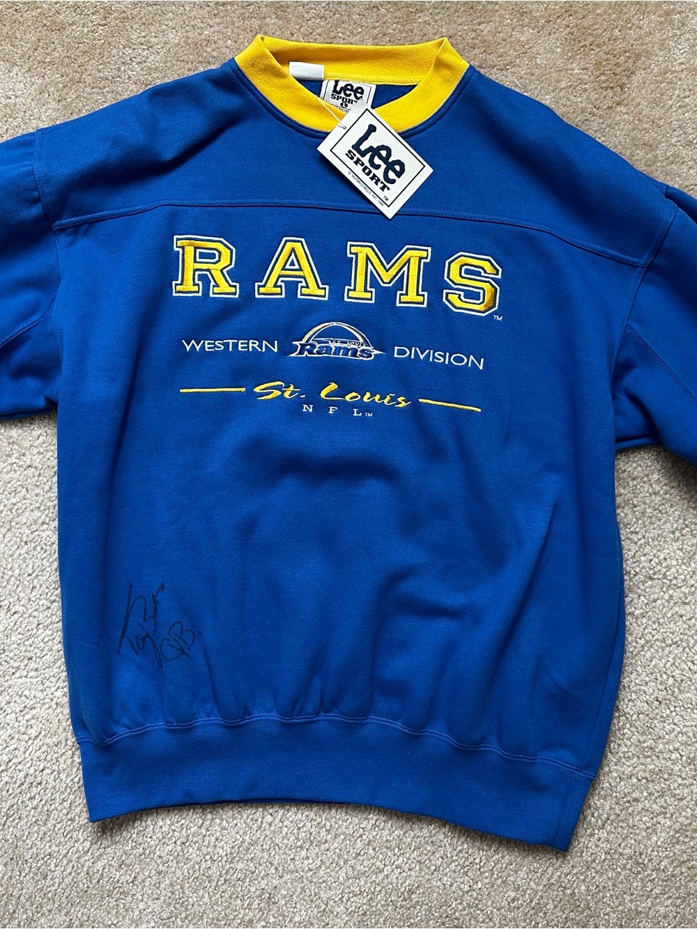 Lee Men’s Rams Blue & Yellow Crewneck Sweatshirt - Autographed by Tony Banks